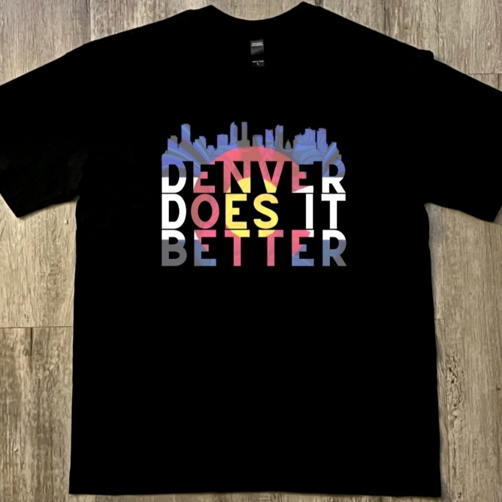 Denver Does It Better Black Graphic Tee With CO flag/Den skyline lettering. L
